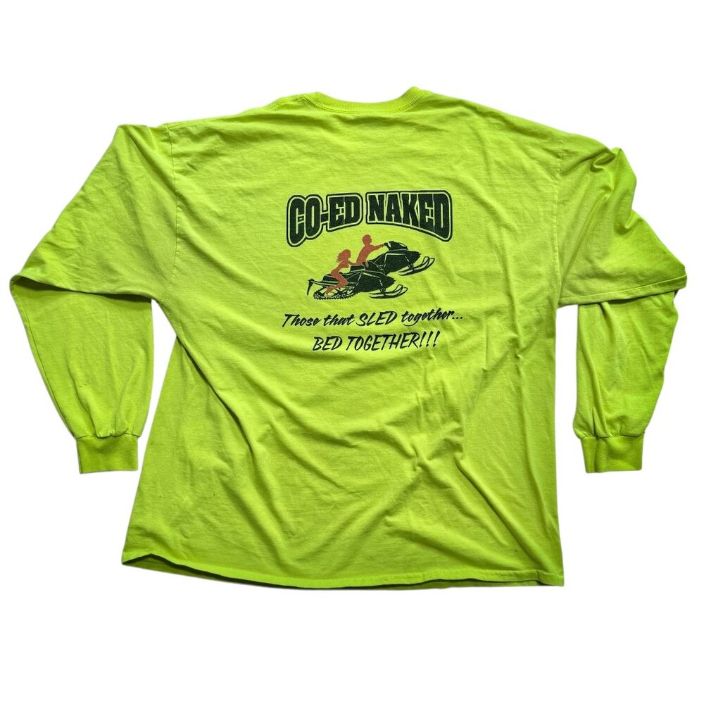 Vtg CO-ED NAKED Snowmobiling Long Sleeve T-shirt 2XL Fish Tales Lake Gogebic, MI